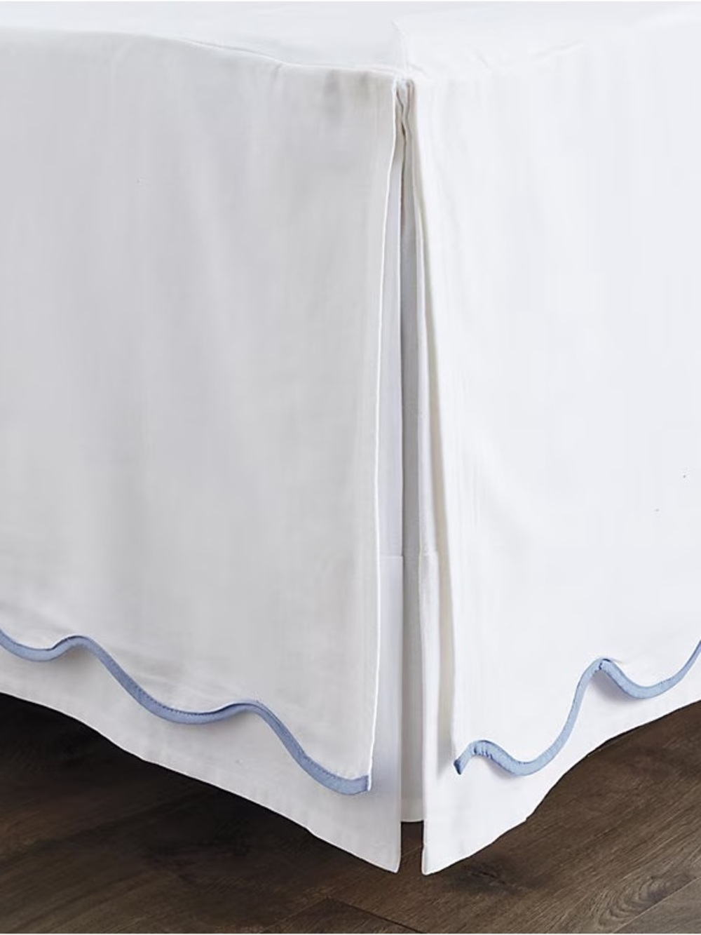 Set of 2 Ballard Designs Emma Scalloped Bed Skirts in White/Cornflower Trim